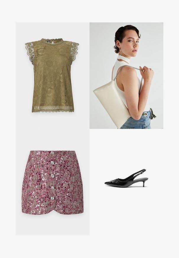 Oliven grønn blondebluse med høy krage, bølgete ermer, detaljerte blomsterdesign og nøkkelhullslukking bak. Strukturert blonde stoff.; Rosa paljett skjørt med teksturert veving, med en slim passform og fem sølvknapper foran. Formet falm og glitrende detaljer.; Sorte skinnert remsandaler med spiss tå, liten kittenhæl og en dekorativ knute detalj foran. Glatt tekstur gjennom hele.; Hvit rektangulær clutch-veske laget av blankt materiale, med en sølvkjede-stropp. Modellen poserer og viser vesken mot en ensfarget bakgrunn.