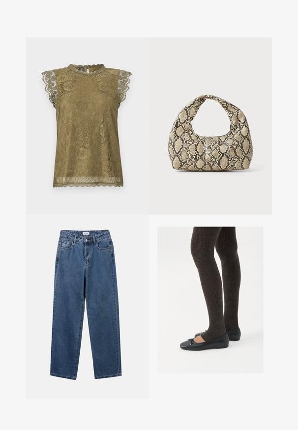 Top in pizzo verde oliva con colletto alto, maniche scallop, dettagli floreali e chiusura a occhiello sulla schiena. Tessuto in pizzo testurizzato.; Jeans in denim blu classico con design a gamba dritta, cinque tasche e chiusura con bottone. Presentano un lavaggio medio e una trama robusta.; Scarpe nere a flat con un piccolo fiocco sulla punta, abbinate a collant a coste marrone scuro. Le scarpe hanno una texture liscia e un profilo basso.; Borsa a stampa rettile con manico curvo. Realizzata in materiali testurizzati beige e marroni, presenta un distintivo motivo a rombi.