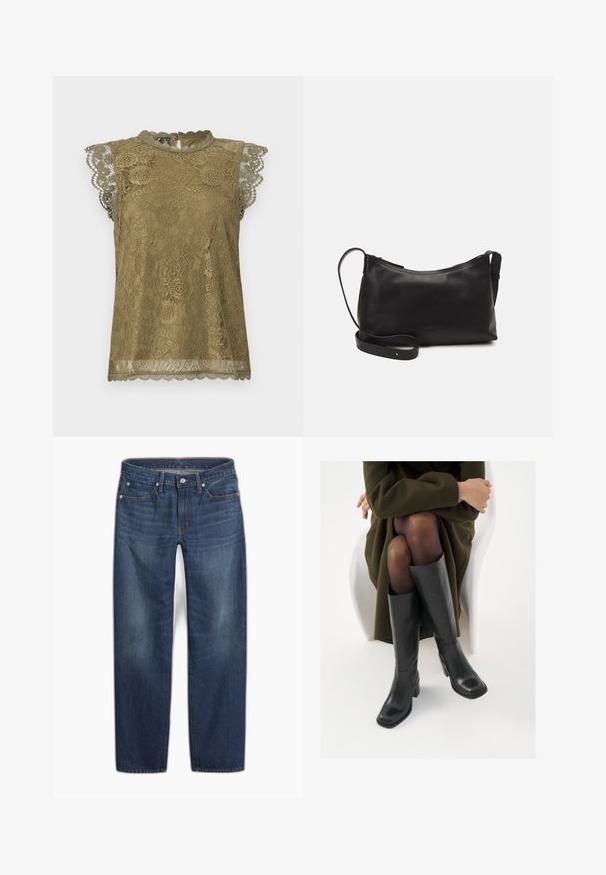 Top in pizzo verde oliva con colletto alto, maniche scallop, dettagli floreali e chiusura a occhiello sulla schiena. Tessuto in pizzo testurizzato.; Jeans in denim blu scuro con design a gamba dritta. Caratteristiche includono chiusura con bottone, cinque tasche e una leggera scoloritura nel tessuto.; Stivali neri in pelle alti fino al ginocchio con punta squadrata e tacco a blocco, mostrati con un modello seduto in un cappotto verde oliva. Texture liscia, dettagli minimi.; Borsa a spalla in pelle nera con una texture liscia, forma curva, tracolla regolabile e chiusura con zip. Design minimalista senza ornamenti.