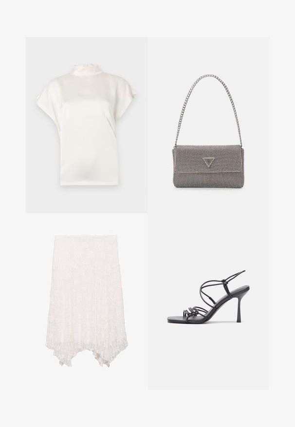 Krémová blúzka s vysokým golierom a krátkymi rukávmi, vyrobená z hladkej tkaniny. Má jemný lesk a zapínanie na gombík na zadnom výstrihu.; Biela čipkovaná sukňa s vrstveným dizajnom, so kvetinovým vzorom a asymetrickým lemom, ktorý je vpredu kratší a vzadu dlhší.; Čierne sandále na vysokom podpätku majú tenké remienky s uzlovým dizajnom, hladký štvorcový špičku a elegantný stiletto podpätok.; Svetlošedá metalická kabelka s reťazovým popruhom, ozdobená malými kruhovými kovovými štítkami a trojuholníkovým logom značky.; Strieborné kruhové náušnice s hladkým a lesklým povrchom. Okrúhly tvar, ľahký dizajn, s uzáverom na kolík.