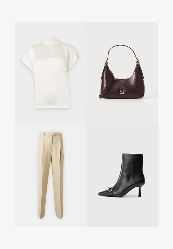 Kreemjast, kõrge kaelusega pluus, lühikeste varrukatega, valmistatud siledast materjalist. Omab peent sära ja nööbist sulgemist taga kaeluses.; Beez värvi jalatsid, sirgete lõigetega, kergelt kortsulistedetailide, vöökoha ja siledaga tekstuuriga. Ei ole nähtavaid taskuid ega kaunistusi.; Must mustanvärvi nahast pahklinetopp, millel on terav nina, peen keskmise kõrgusega konts ja hõbedane keha detail külgedel, taustal lihtne taust.; Burgundi värvi nahast käekott, millel on kumer kuju, kuldsed aksessuaarid ja lukuga sulgemine. Omab eemaldatavat õlarihma.