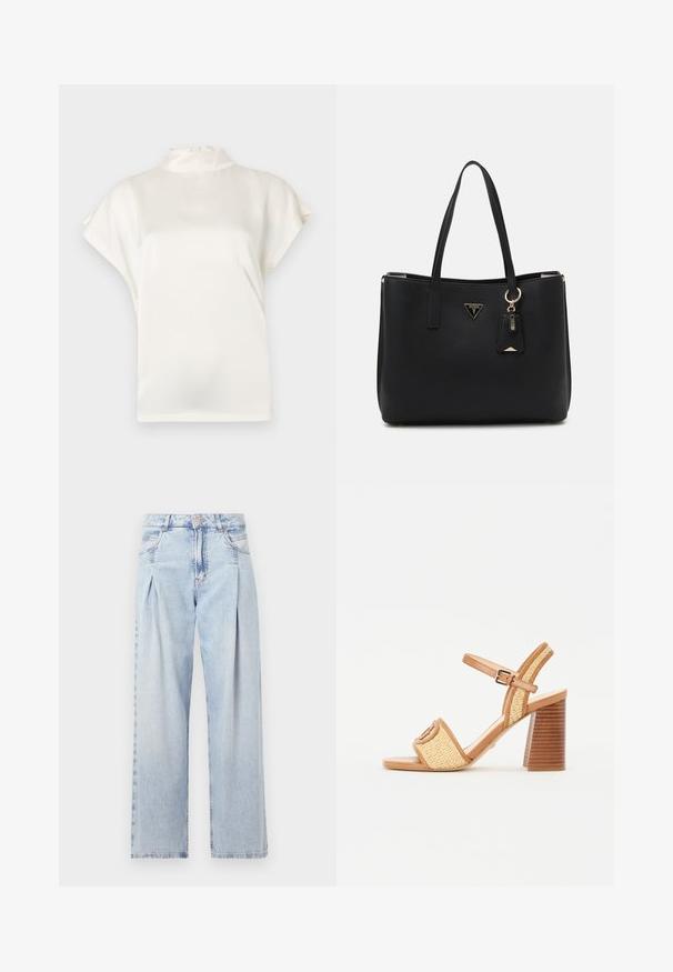 Cream, high-neck blouse with short sleeves, made of smooth fabric. Features a subtle sheen and a button closure at the back neckline.; Light blue denim jeans with a high waist, wide-leg cut, two side pockets, and pleated design feature. Soft texture with a faded finish.; Brown leather and woven straw heeled sandals, featuring an ankle strap, open toe, and a chunky wood-like heel with horizontal stripes.; Black tote bag made of textured synthetic material, featuring two handles, a gold logo plaque, and a small tag with an accent detail.