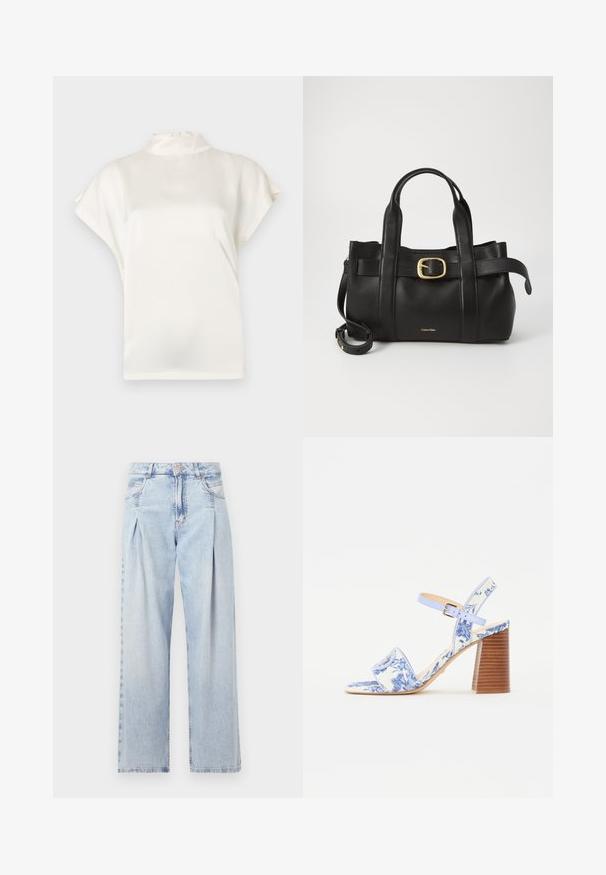 Bluză crem cu guler înalt și mâneci scurte, realizată dintr-un material neted. Prezintă un luciu subtil și un sistem de prindere cu nasturi la gulerul din spate.; Jeans din denim albastru deschis cu talie înaltă, croială evazată, două buzunare laterale și un design pliat. Textură moale cu un finisaj decolorat.; Sandale cu imprimeu floral albastru, cu vârf pătrat, o curea lată și o curea ajustabilă la gleznă, având un toc bloc din lemn texturat.; Geantă de mână din piele neagră, cu un design structurat, mânere superioare duale, accent cu cataramă aurie și logo-ul brandului embosat în față.
