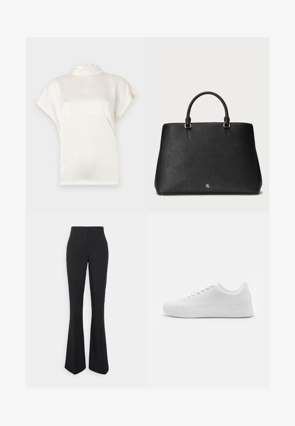 Blusa crema de cuello alto con mangas cortas, hecha de una tela suave. Presenta un ligero brillo y un cierre de botones en la parte posterior del cuello.; ONLY Tall ONLEDINA FLARE PANT - Pantalones - black; Zapatillas blancas con parte superior sintética suave, puntera redondeada, seis ojales para los cordones y suela de goma de perfil bajo con detalles texturizados.; Bolso de piel negra con un diseño estructurado, textura suave y dos asas superiores. Presenta detalles en dorado y un logo en la parte inferior.