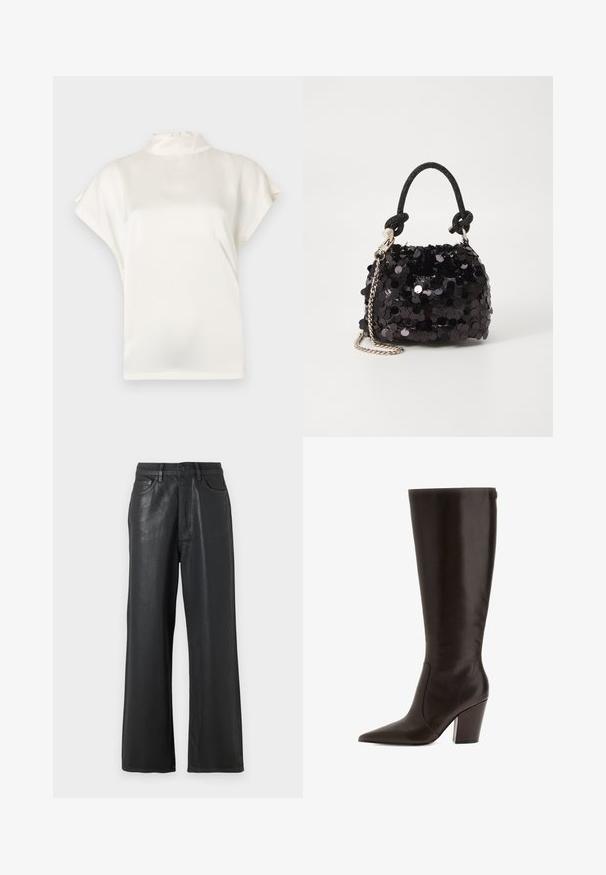 Bluză crem cu guler înalt și mâneci scurte, realizată dintr-un material neted. Prezintă un luciu subtil și un sistem de prindere cu nasturi la gulerul din spate.; Pantaloni negri cu picioare largi, realizați dintr-un material lucios. Au închidere cu buton, urechi pentru centură și buzunare frontale cu o textură netedă.; Botă maro din piele, până la genunchi, cu vârf ascuțit și toc bloc. Prezintă o textură netedă și fermoar pe lateral pentru a fi ușor de purtat.; Geantă mini neagră cu paiete, cu un umar texturat înnodat și un lanț argintiu. Formă rotundă cu partea de sus adunată și detalii reflectorizante.
