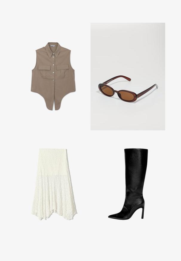 Beige ärmelloses Hemd mit spitzem Kragen, ausgestattet mit zwei Brusttaschen und vorderen Knöpfen, aus einem glatten Stoff mit taillierter Schnitt.; Weißer Spitzentüllrock mit strukturiertem Muster, asymmetrischem Saum und fließender Silhouette, aus leichtem Material gefertigt.; Knöchelhoher schwarzer Lederstiefel mit spitzem Zeh, hohem Stöckelabsatz, glatter Oberfläche und einem einfachen, eleganten Design ohne Verzierungen.; Runde, braun getönte Sonnenbrillen mit einem glänzenden burgunderfarbenen Rahmen. Schlanke Bügel mit dezentem Branding. Flaches Linsendesign.; Braune Stoffschultertasche mit einem breiten, runden Körper und einem großen Ausschnittgriff. Sanfte Textur, minimalistisches Design und keine sichtbaren Beschläge.