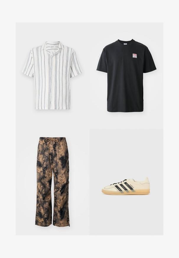 Kreklu ar īsām piedurknēm, balts ar zilām un oranžām vertikālām svītrām, kabata kreisajā pusē, ar apkakli, viegla auduma.; Melna kokvilnas T-krekls ar apaļu kaklu, īsām piedurknēm un nelielu krāsainu etiķeti kreisajā krūtīs, kurā ir vārds "SUPERIOR".; Brūni un melni krāsoti bikses ar plaša kāju dizainu, elastīgu jostu un auklu. Iekļauj priekšnokas un teksturētu audumu.; Gaiši krēms sporta apavi ar melnu trīs svītru dizainu, teksturētu augšējo daļu, noapaļotu purngaliem un gumijas zoli. Iespējas ietver auklas un zīmolu sānos.