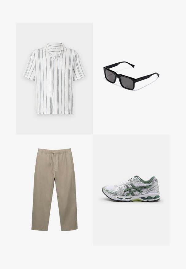 Rövid ujjú gombos ing, fehér alapon kék és narancssárga függőleges csíkokkal, bal oldalon zsebbel, galléros kialakítás, könnyű anyag.; Beige pamut nadrág, elasztikus derékrésszel és állítható zsinórral. Egyenes szárú dizájn, oldalsó zsebekkel és sima textúrával.; Fehér futócipő ezüst kiegészítőkkel, zöld hálós gallérral és zöld csíkokkal. Jellemzője a texturált hálós felsőrész és a párnázott talp.; Fekete téglalap alakú napszemüveg sötét lencsékkel; fényes műanyag keret egyenes szárakkal és diszkrét logóval az oldalon.; Ezüst rozsdamentes acél óra kerek fehér számlappal, fekete tachyméter kerettel, zöld kiegészítőkkel és fém láncszíjjal.