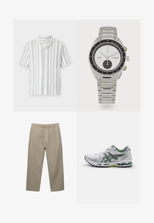 Rövid ujjú gombos ing, fehér alapon kék és narancssárga függőleges csíkokkal, bal oldalon zsebbel, galléros kialakítás, könnyű anyag.; Beige pamut nadrág, elasztikus derékrésszel és állítható zsinórral. Egyenes szárú dizájn, oldalsó zsebekkel és sima textúrával.; Fehér futócipő ezüst kiegészítőkkel, zöld hálós gallérral és zöld csíkokkal. Jellemzője a texturált hálós felsőrész és a párnázott talp.; Ezüst rozsdamentes acél óra kerek fehér számlappal, fekete tachyméter kerettel, zöld kiegészítőkkel és fém láncszíjjal.