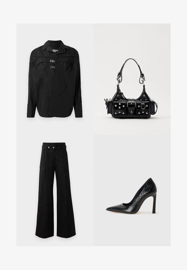 Črna srajca z gumbi in strukturiranim sprednjim delom, ki vsebuje ovite detajle, dvojne prsne žepke in ovratnik. Narejena iz gladkega blaga z mat zaključkom.; Črne široke hlače z visokim pasom, ki imajo velike stranske žepe, dva sprednja gumba in detajl z zanko. Narejene iz trdne tkanine.; Črne čevlje z visoko peto in konico v obliki puščice, z teksturo krokodilje kože, ki se ponašajo s sleek oblikovanjem, visokim stiletto peto in gladkim črnim notranjostjo.; Črna usnjena torbica s ukrivljenim dizajnom, ki vsebuje srebrne žebljičke, zaponko in dve stranski žepki. Nastavljiv trak za različne možnosti nošenja.