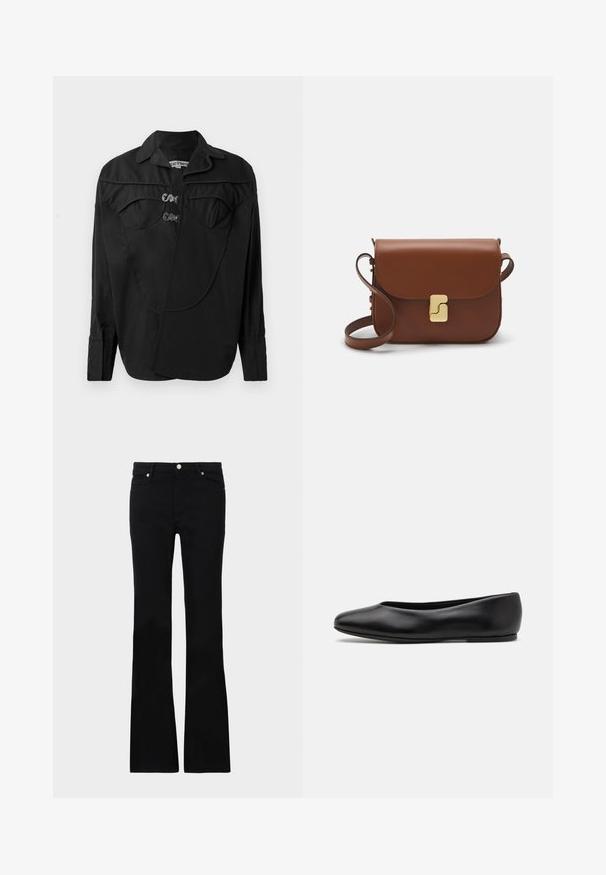 Camisa preta de botão com parte frontal estruturada, apresentando detalhes sobrepostos, dois bolsos no peito e colarinho. Feita de um tecido suave com acabamento mate.; Calças pretas de ganga em corte flare, com dois bolsos frontais, fecho com botão e uma textura suave. Costura característica visível nas costuras.; Paul Smith TOPANGA - Sabrinas - black; Bolsa de couro castanho com fecho de aba, decoração em tom dourado, alça de ombro e textura suave. Formato retangular compacto.