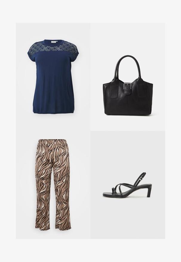 ONLY Carmakoma CARFLAKE jasnoniebieski; Brązowe i kremowe spodnie w zebrę z elastycznym pasem, o szerokich nogawkach i gładkiej teksturze materiału.; Czarne sandały na obcasie z prostokątnym noskiem i niskim słupkowym obcasem. Posiadają wiele cienkich pasków i regulowany pasek na kostkę. Wykonane z gładkiej skóry.; Czarna skórzana torba tote o gładkiej fakturze, usztywnionym kształcie, dwóch uchwytach oraz wyraźnym srebrnym zapięciu na przodzie.