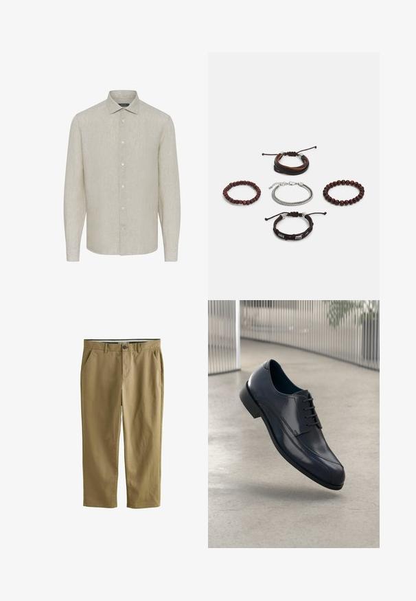 Světle béžová košile s dlouhým rukávem vyrobená z lnu, s hladkou texturou, špičatým límcem a šesti knoflíky vpředu, s knoflíkovými manžetami.; Khaki chinos vyrobené z bavlněné směsi, se dvěma bočními kapsami, zapínáním na knoflík, rovnými nohavicemi a hladkou texturou.; Lesklá černá kožená společenská obuv s tkaničkami, plovoucí nad hladkým, světle šedým podlahovým povrchem a s vertikálními kovovými pruty v pozadí.; Sada pěti náramků obsahující hnědou kůži, dřevěné korálky a stříbrný řetěz; různorodé textury a tvary, s nastavitelnými uzávěry.