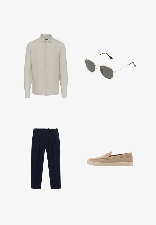 Svetlo béžová dlhá rukávová košeľa vyrobená z ľanu s hladkou textúrou, so špicatým golierom a šiestimi gombíkmi vpredu, s gombíkovými manžetami.; Námornícke nohavice z hladkej tkaniny s mierne strihaným strihom, prednými skladkami, pútky na opasok a jedným gombíkom na zapínanie.; Béžová semišová slip-on obuv s okrúhlou špičkou a šitými detailmi. Svetlý gumový podpätok s nízkoprofilovým dizajnom.; Zlaté slnečné okuliare s kovovým rámom a tmavozelenými šošovkami v aviator štýle, s úzkymi ramenami a mramorovými akcentami na koncoch.