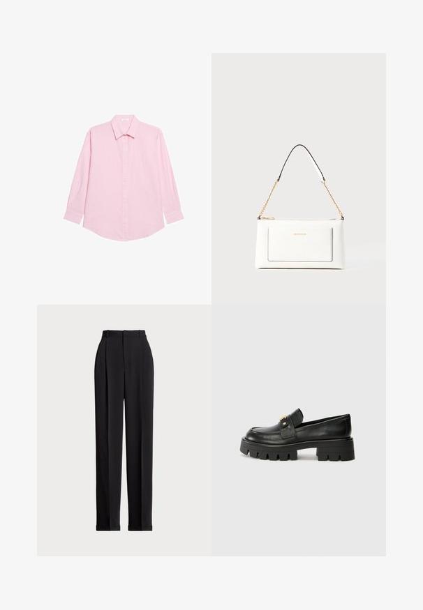 Yamamay Hemdbluse - rose plain; Schwarze, taillierte Hose mit hoher Taille, mit Falten vorne, geradem Bein-Design und umgeschlagenem Saum. Aus glattem Stoff gefertigt.; Schwarze Lederloafers mit einer klobigen Sohle, die an der Vorderseite ein goldfarbenes Akzent und eine glatte Oberfläche aufweisen. Klobiges Profil-Design auf der Sohle.; Weißes Lederhandtasche mit strukturierter Oberfläche, ausgestattet mit einem goldenen Kettenriemen und schwarzen Akzenten. Enthält eine Fronttasche und einen Reißverschluss.