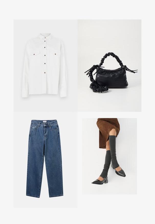 Weißes Langarmhemd mit Button-Down-Kragen, zwei Brusttaschen und braunen Knöpfen. Es hat eine glatte Textur und einen entspannten Schnitt.; Klassische blaue Denim-Jeans mit geradem Bein, fünf Taschen und Knopfverschluss. Sie verfügen über eine mittelblau gewaschene Optik und sind aus robuster Textur.; Schwarze lacklederne spitze Schuhe mit Blockabsatz und Knöchelriemen, kombiniert mit grauen gerippten Beinstulpen und einem braunen Wildlederrock.; Schwarze Handtasche aus Kunstleder mit Krokodilstruktur, gerafftem oberen Teil und einem geschoppten Tragegurt. Sie wirkt weich und kompakt im Design.