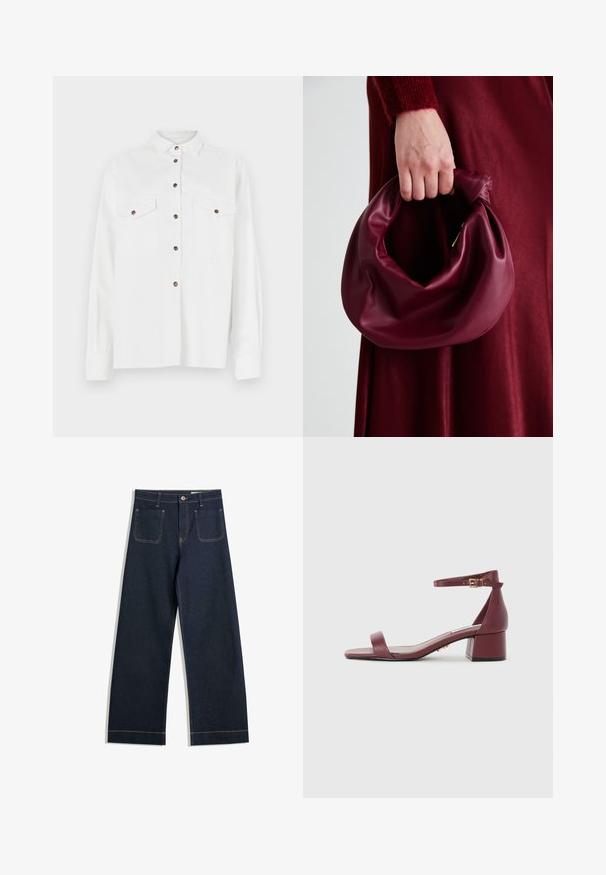 Fehér, hosszú ujjú ing, gombos gallérral, két mellzsebbel és barna gombokkal, sima textúrával és laza fitettel.; Sötétkék, széles szárú farmernadrág, eltérő bézs varrással, két hátsó zsebbel és gombos záródással a deréknál.; Burgundi bőr szandál négyzet alakú orral, vékony bokapánttal, arany színű kiegészítőkkel és vastag blokk sarokkal. Sima textúra és minimalista dizájn.; Burgundi bőrtáska puhán ráncolt dizájnnal és kerek alakban. A fogantyú rögzítve van, sima textúrával rendelkezik.