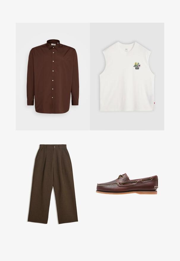 Brązowa koszula z długim rękawem i kołnierzykiem typu spread, wykonana z gładkiego materiału. Posiada białe guziki na przodzie.; Biała bawełniana koszulka bez rękawów z kolorową grafiką kaktusa oraz logo "Levi's" z przodu. Czysty, prosty design z luźnym krojem.; Brązowe spódnie z plisami w szerokim kroju, z zapięciem na guziki i bocznymi kieszeniami, wykonane z teksturowanej tkaniny, idealne na codzienne okazje.; Brązowy skórzany but żeglarski z białymi szwami, brązowymi sznurowadłami i beżową gumową podeszwą. Posiada logo z boku i metalowe oczka na sznurowadła.