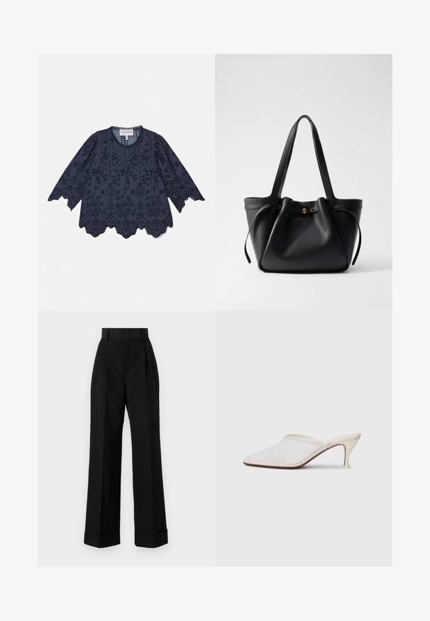 Kara zila kokvilnas blūze ar garām piedurknēm, sarežģītu ziedu izšuvumu, viļņotu apakšmalu un pogu akcentiem ap kaklu.; Augsta jostas melnas bikses, izgatavotas no kokvilnas. Ietver plaša kāju dizainu, krokas un sarullētas piedurknes. Gluda tekstūra, bez redzamām rakstām vai apdarē.; Baltas austs punka purngals mūlis ar šauru vidēji augstu papēdi un uzvelkamu dizainu uz vienkārša fona.; Melna ādas roku soma ar divām garām siksnām, savilktu augšpusi un zelta apļveida akcentu. Gluda tekstūra ar minimālistisku dizainu.