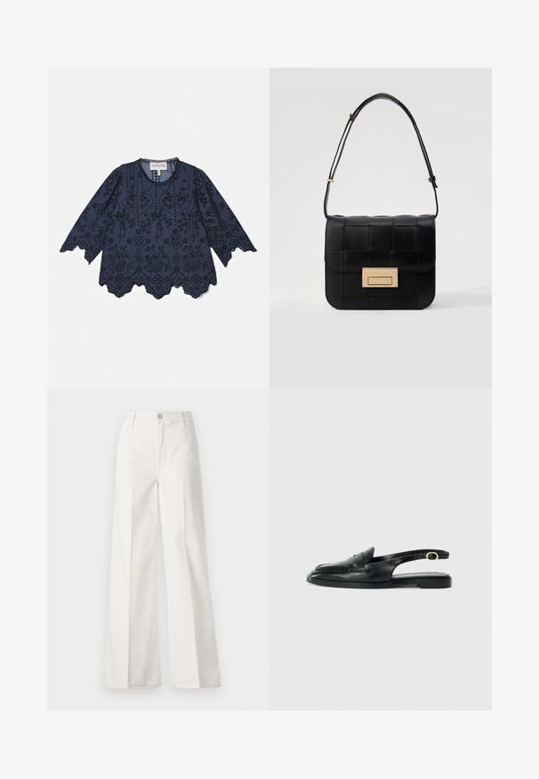 Marineblaues Baumwollbluse mit langen Ärmeln, filigraner floralem Stickerei, gewelltem Saum und Knopfakzenten entlang des Ausschnitts.; Weiße weite Hosen aus Baumwolle mit glatter Textur. Sie verfügen über einen vorderen Knopf, einen Reißverschluss und ein Design mit vier Taschen.; Schwarze Leder Slingback-Schuhe mit runder Spitze, flacher Sohle, seitlichem Ausschnitt und einem Riemen mit goldfarbener Hardware-Applikation.; Loeffler Randall DESI CROSSBODY WITH LOCK HARDWARE - Umhängetasche - black