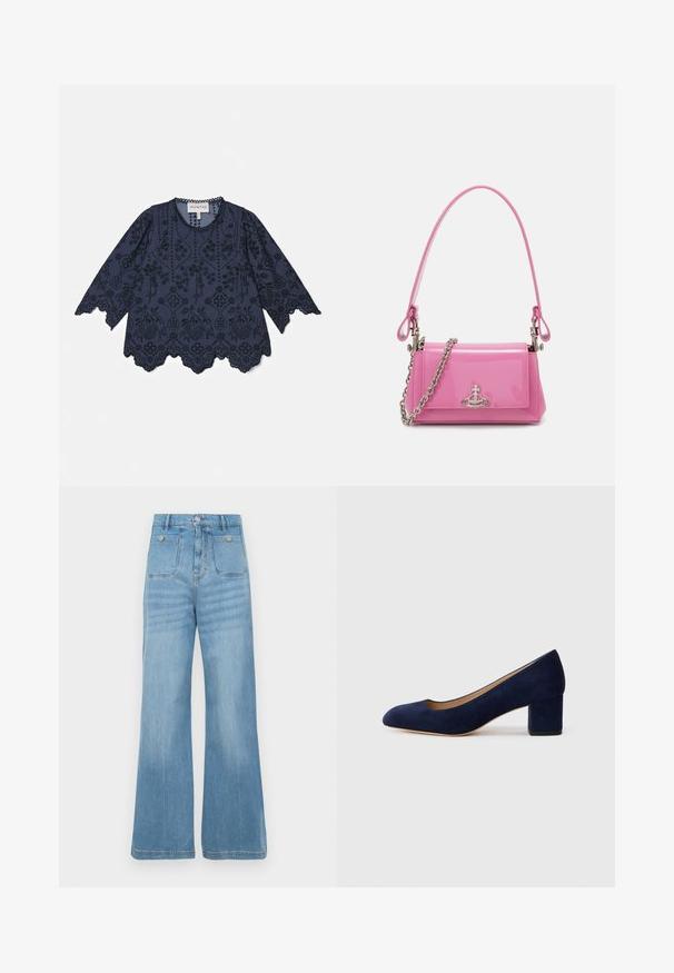 Tamsiai mėlyna medvilninė bluzė su ilgomis rankovėmis, sudėtingu gėlėmis išsiuvinėjimu, banguotu apdailos kraštu ir mygtukų akcentais palei iškirptę.; Šviesiai mėlyni džinsai su plačiomis kojomis, turintys dvi priekinės kišenes ir dvi galinės kišenes, užbaigti nebaigtu kraštu ir mygtuko uždarymu.; Tamsiai mėlynos zomšos bateliai su smailiu nykščiu ir vidutinio aukščio blokiniu kulnu. Lygi tekstūra su subtiliu blizgesiu ir mažas įpjovimas priekyje.; Rožinė patentuota odinė rankinė stačiakampio formos, su nuimamą grandinėlę ir sidabro spalvos detalėmis priekyje.