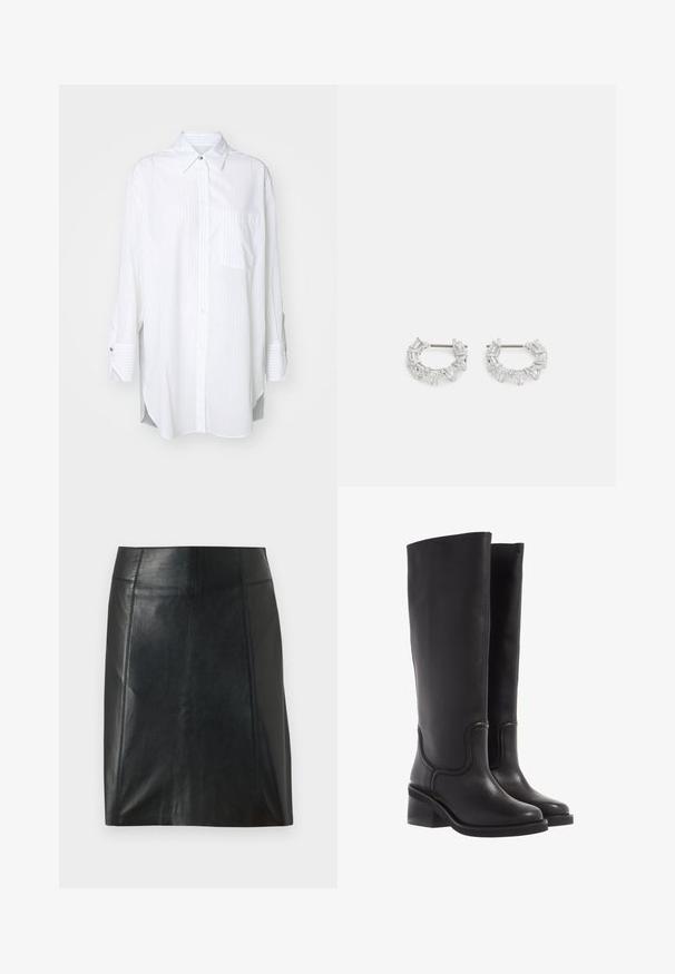 BOSS BAREDA - Blus - white; Svart läderkjol med en figursydd design. Slät textur, sömmar som markerar formen, och en rak fåll. Minimalistisk och elegant look.; Svarta läderknähöga stövlar med en slät yta, rund tå och en kraftig klack. Har subtila sömmar och en strömlinjeformad design.; Silverfärgade hoops örhängen som har klara, rektangulära och triangulära kristaller arrangerade i ett mönstrat design. Stift för säker fastsättning.