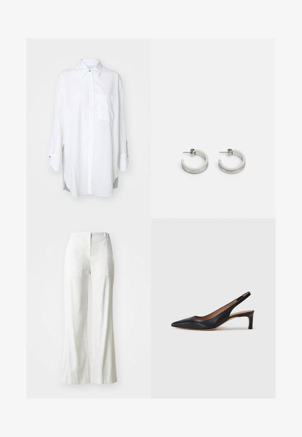 BOSS BAREDA biały; Białe, wysoko taliowane spodnie o szerokich nogawkach wykonane z lekkiego materiału. Posiadają płaski przód, tylne kieszenie oraz czysty, prosty design.; Czarne skórzane czółenka na potylicy z wydłużonym noskiem, niskim obcasem i gładką fakturą. Posiadają cienki, regulowany pasek zapewniający pewne dopasowanie.; Srebrne kolczyki w formie kółek, z gładką powierzchnią i rzędem małych przezroczystych kamieni wzdłuż dolnej krawędzi, z zapięciem na sztyft.