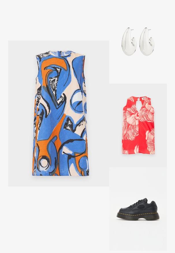 Varrukata punane topp suure valge lillemustriga ja võtmeaugu lõikega kaelaribal. Tekstuuriga, kerge kangas.; Marimekko ANEMONET ELDFAMN - Päevakleit - blue/peach/orange; Must musta sneaker, mille tekstuurne viimistlus, ümmargune varvas ja paks platvormi tald. Omab kollase põhjaga õmblusi ja bränditud külglogo.; Hõbedased kõrvarõngad pikliku ja kõveriku disainiga. Sile, peegeldav pind ja läbipaistev postitugi.