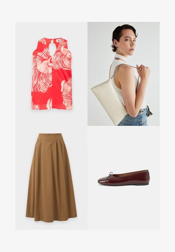 Top rosso senza maniche con grandi motivi floreali bianchi e un'apertura a chiave sul colletto. Tessuto leggero e testurizzato.; Gonna A-line in cotone marrone con vita alta, caratterizzata da pince sulla parte anteriore e una texture liscia. Le finiture dell'orlo sono pulite e semplici.; Ballerine in pelle verniciata bordeaux con punta arrotondata, piccolo fiocco decorativo sulla parte anteriore e suola bassa in gomma nera. Texture liscia.; Borsa a pochette rettangolare bianca realizzata in materiale lucido, con una tracolla in catena argentata. Il modello posa, mostrando la borsa su uno sfondo semplice.