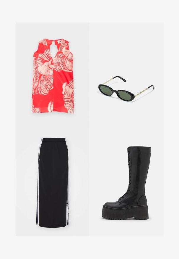 Mouwloze rode top met grote witte florale patronen en een sleutelgatuitsnijding bij de halslijn. Gestructureerde, lichte stof.; Zwarte sportrok met witte zijkanten, elastische tailleband en merkteken. Gemaakt van ademend materiaal, knie-lange ontwerp.; Zign LEATHER - Veterlaarzen - black; Ovale zonnebril met groene lenzen, zwarte kunststof voorkant en dunne gouden metalen pootjes. Beschikt over een minimalistisch ontwerp met een gladde textuur.