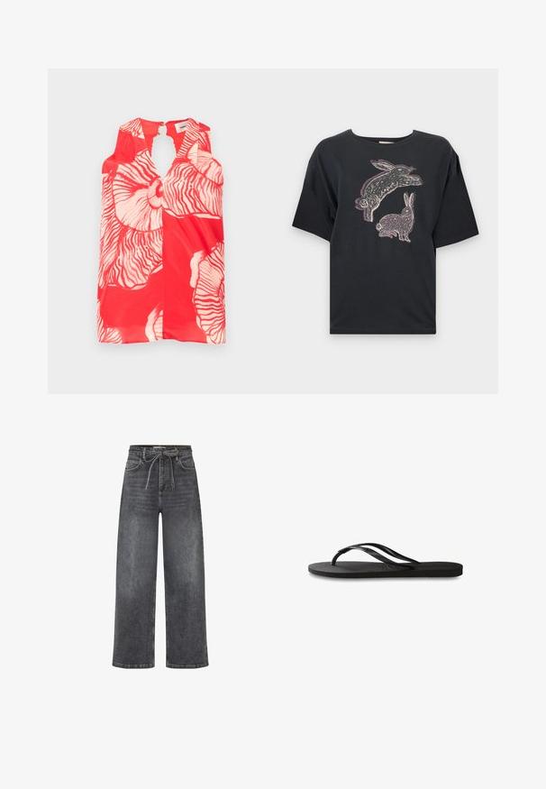 Bezrukávý červený top s velkými bílými květinovými vzory a klíčovou výřezem na výstřihu. Texturovaná, lehká tkanina.; Černé bavlněné tričko s volným střihem, na přední straně s grafickým potiskem dvou králíků v bílé a světle fialové barvě. Krátké rukávy a kulatý výstřih.; Černé džíny s vysokým pasem a širokými nohavicemi, s předními kapsami a látkovým páskem uvázaným do mašle v pase.; Černé žabky s texturovanou gumovou podrážkou, dvěma štíhlými popruhy a jemným, embosovaným logem na popruhu.