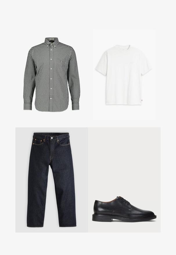 Černobílá kostkovaná košile na knoflíky s límečkem, dlouhými rukávy a náprsní kapsou. Vyrobeno z tkané látky, má zakřivený lem.; Bílé bavlněné tričko s krátkými rukávy, kulatým výstřihem a jemným logem "Levi's" tištěným světle barvou na přední straně.; Tmavomodré džíny z denimu se straight střihem, pěti kapsami, kontrastním oranžovým šitím a knoflíkovým zapínáním. Žádné viditelné vzory ani ozdoby.; Černé kožené společenské boty s kulatou špičkou, šněrováním a nízkým podpatkem. Hladký povrch s minimálním šitím.