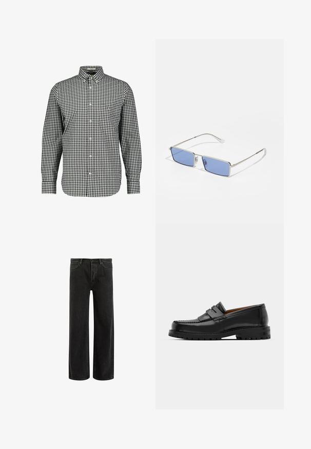 Juodai baltas dėmėtas mygtukų marškinėliai su apykakle, ilgomis rankovėmis ir krūtinės kišene. Pagaminti iš audinio, turi lenktą apatinę dalį.; Juodi džinsai plačiomis kojomis su aukštu liemeniu, su klasikinio penkių kišenių dizainu ir švelniu prasiskverbimu dėl tekstūruotos išvaizdos.; Juodi odiniai loafersai pasižymi pakelta siūle, dviem dekoratyviais dirželiais ant viršaus ir storu tekstūruotu padu, kad būtų užtikrintas didesnis sukibimas.; Metaliniai saulės akinių su stačiakampiu pavidalu, mėlynai tonuoti objektyvai ir sidabrinis rėmas. Turi nosies pagalvėles ir plonas, tiesias šventyklas.