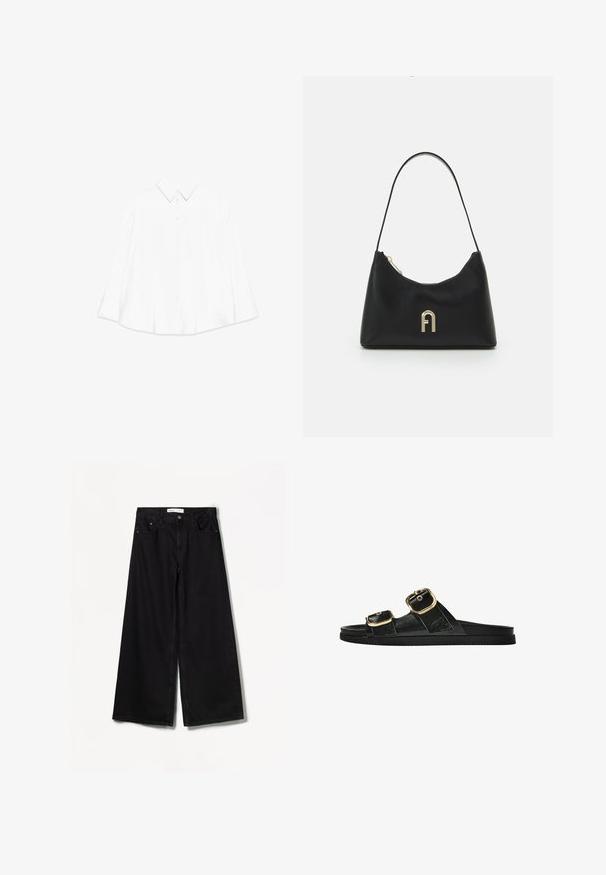 White long-sleeve shirt with a pointed collar, button-down front, and an oversized, relaxed fit. Textured fabric with minimal design.; Bershka WIDE-LEG - Wide Leg - black; Black slide sandal with two gold buckle accents, smooth textured material, flat sole, and a minimalist design.; Black handbag made of smooth material, featuring a curved shape, a single strap, and a gold-colored logo accent on the front.