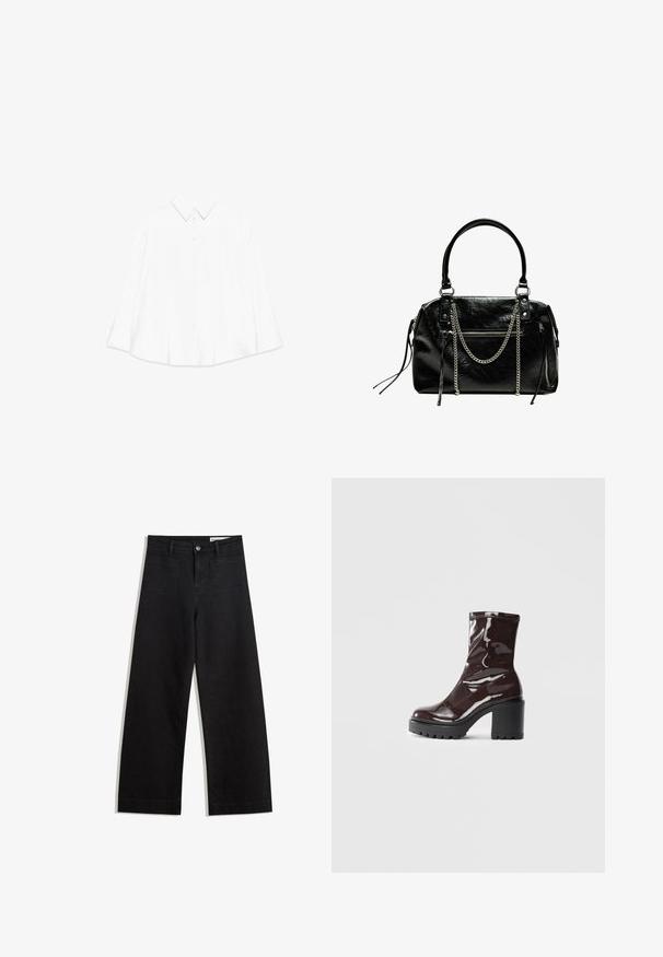 White long-sleeve shirt with a pointed collar, button-down front, and an oversized, relaxed fit. Textured fabric with minimal design.; Black wide-leg denim pants with a high waist, featuring front and back pockets, stitched seams, and a button closure. Smooth texture.; Glossy burgundy ankle boot with a chunky black heel, featuring a smooth texture and simple design. No visible fastenings or patterns.; Bershka WITH CHAIN - Handbag - black