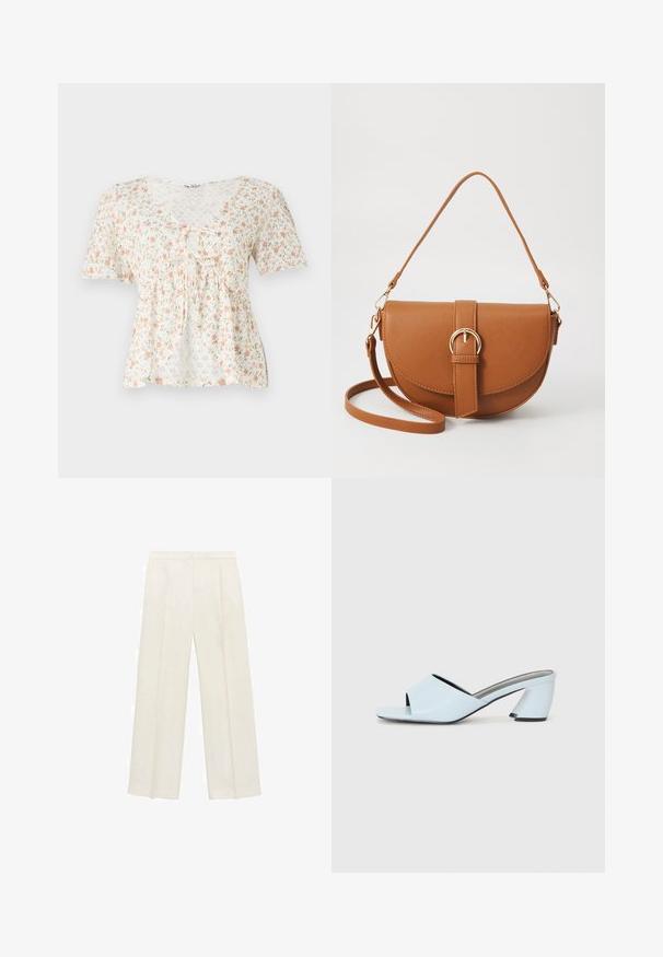 Květinová blůza z lehkého materiálu s bílým pozadím, zdobená růžovými a zelenými květy, krátké rukávy a výstřih do V s detailem na zavázání.; Kalhoty s širokými nohavicemi v světle krémové barvě. Vyrobené z hladké tkaniny s záhyby vpředu a bočními kapsami.; Světlé modré lodičky s otevřenou špicí a geometrickým designem, se širokým páskem přes nohu a masivním, úhlovým podpatkem.; Hnědá kožená křížová taška s zakřiveným tvarem, zlatými detaily a akcentem s přezkou. Obsahuje odnímatelný popruh na rameno.