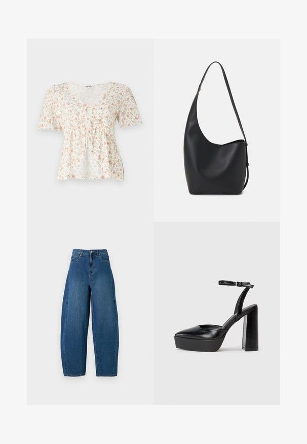 Gėlių bluzonė iš lengvos medžiagos su baltu fonu, dekoruota rožinėmis ir žaliomis gėlėmis, trumpomis rankovėmis ir V formos kaklu su raištelio detale.; Deniminės džinsai vidutinio mėlynumo atspalviu, su aukštu liemeniu, plačiais kojų kirpimais ir standartiniu penkių kišenių dizainu, pasižyminčiu matomais siuvimo detalėmis.; Juodi platforminiai aukšti kulniukai su smailiu kojų pirštu ir reguliuojamu kulkšnies dirželiu. Pagaminti iš lygaus odos, turi masyvų blokinį kulną.; Juodas odinis hobo maišas su lygiu paviršiumi, kreipta forma ir viena reguliuojama rankena; turi platų atidarymą viršuje.