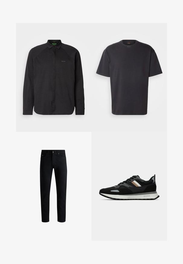 Juodas marškiniai su užsegimu, turintys tekstūrinį raštą, su plačiu apykakle ir ilgomis rankovėmis. Prekės ženklas juodai atspaustas ant krūtinės.; Juodas trumpas rankovėmis T-pragys, pagamintas iš medvilnės, su apvaliu kaklu ir subtiliu prekės ženklu prie apykaklės. Sklandus paviršius su laisvu kirpimu.; Juodos slim fit džinsinės kelnės su penkiomis kišenėmis, mygtukų uždarymu ir diržo kilpomis, parodytos prieš baltą foną.; Juodas bėgimo batelis su struktūrizuota paviršiumi, šviesiai pilkomis akcentais ir trimis horizontaliosiomis rudo atspalvio juostomis. Savyje turi baltą paminkštintą padu.