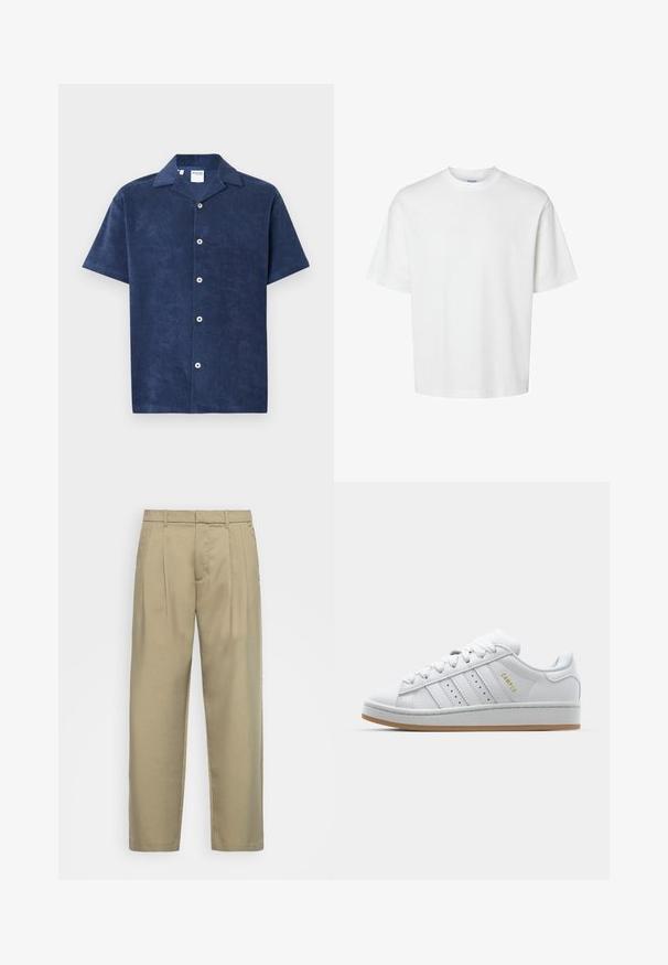 Camisa de manga corta en toalla de color azul marino, con un collar punta y cinco botones redondos blancos en el frente. Textura suave.; Camiseta blanca de algodón con mangas cortas, escote redondo y un corte relajado. Textura suave sin patrones o acentos visibles.; Pantalones beige de cintura alta con corte recto, con frente plano, bolsillos laterales y una tela suave y texturizada.; Zapatilla blanca con diseño de tres rayas perforadas, acentos texturizados, suela de goma y el logo "CAMPUS" en dorado en el lateral.