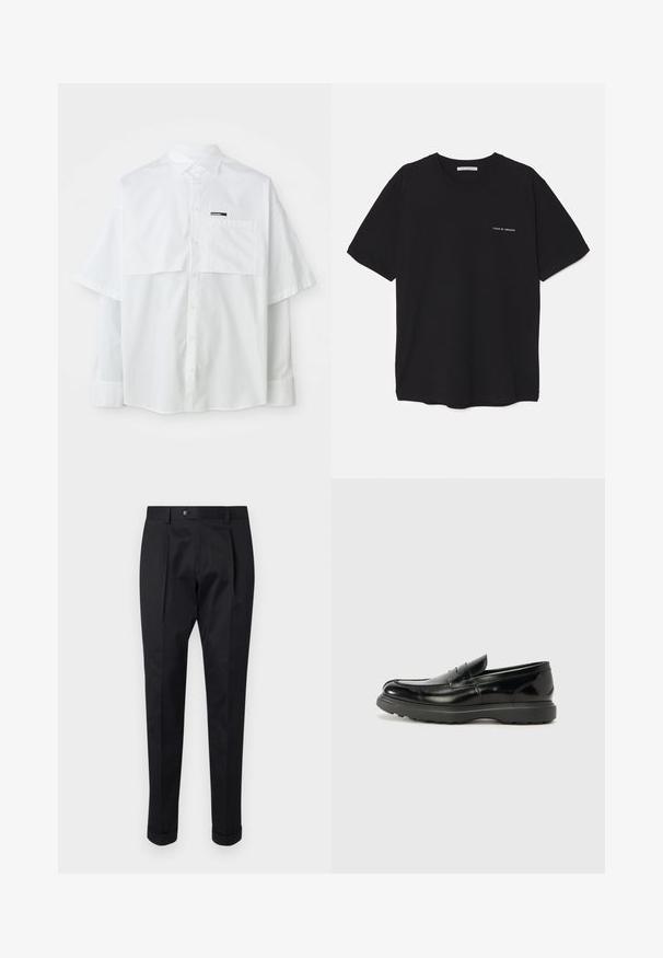 Biela košeľa s krátkym rukávom s gombíkmi, obsahujúca náprsné vrecko a značkovú etiketu. Vyrobená z ľahkej bavlny s hladkou textúrou.; Čierne bavlnené tričko s okrúhlym výstrihom, krátkymi rukávmi a bielou potlačou loga na ľavej hrudi. Jednoduchý, jednoliaty dizajn.; Čierne nohavice vyrobené zo hladkej látky, s skladom vpredu, zapínaním na gombík a roľovanými manžetami na členkoch.; Čierne kožené mokasíny s lesklým povrchom, okrúhlou špicou, subtilnými švami a hrubou gumovou podrážkou pre zvýšenú odolnosť.