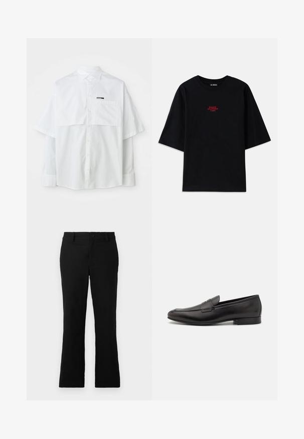 Cămașă albă cu mânecă scurtă, cu butoniere, având un buzunar pe piept și o etichetă de marcă. Fabricată dintr-un material de bumbac ușor, cu o textură netedă.; Tricou din bumbac negru, cu mâneci scurte și guler rotund. Prezintă un grafic roșu cu inscripția "SNAKE CHARMER" pe piept.; Pantaloni negri evazați dintr-un amestec de bumbac, având închidere cu nasture, cleme pentru curea și o textură netedă, fără modele vizibile.; Mocasini din piele neagră, cu un design elegant, vârf rotund și toc mic, împăturit. Prezintă un detaliu decorativ cusut pe partea superioară.