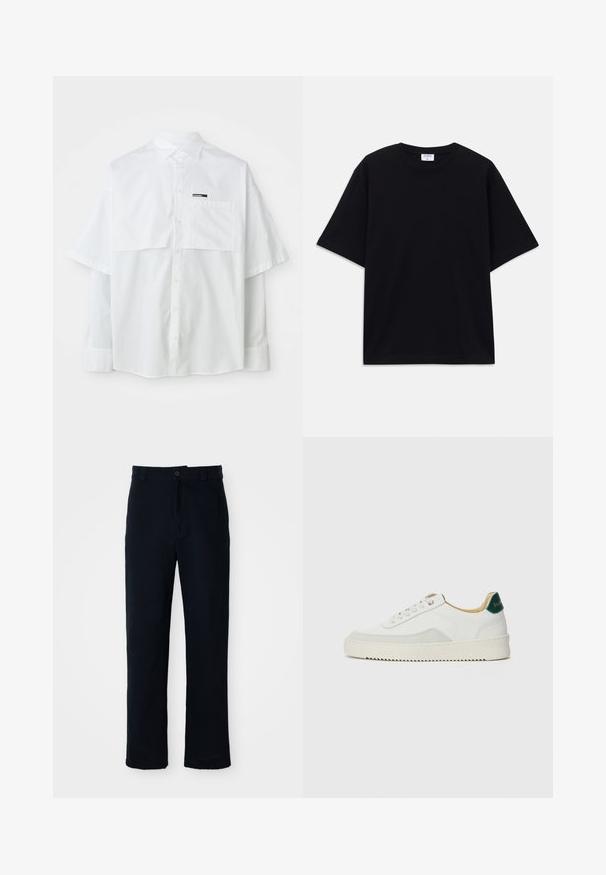 Balta trumpa rankovėmis mygtukinė marškinėliai su krūtinės kišene ir prekės ženklo etikete. Pagaminta iš lengvos medvilnės medžiagos su glotnia tekstūra.; Juodas trumpas rankovėmis per didelis marškinėliai su apvaliu iškirpimu ir matoma Filippa K prekės ženklo etiketė vidinėje apykaklės pusėje.; Tamsiai mėlynos medvilninės kelnės, turinčios tiesioginį kirpimą, priekyje užsegamos mygtuku ir klasikine juosta su dirželio kilpom.; Baltos sportbačiai su zomšos akcentais, apvaliu nosiu, plokščiais raišteliais ir kreminės spalvos guminiu padu. Ant kulno yra žalia ženklinimo detalė.