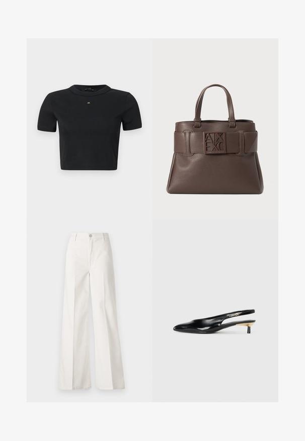 Must mustaga lühikeste varrukatega kootud topp ümarate kaelustega ja väikese kuldse "AX" logoga keskrinnal.; Valged laiade jalgadega püksid, mis on valmistatud siledast puuvillast. Omab esitallist ning lukuga sulgemist ja nelja tasku disaini.; Mustad seljatoega mustad kontsakingad, millel on terav nina, läikiv nahkviimistlus ja väike kand kuldse detailiga. Sujuv disain avatud seljaprofiiliga.; Pruun nahast käekott, millel on kivideta tekstuur, ülemised käepidemed ja silmatorkav logo vööl. Omab nurgelisi aktsente ja struktureeritud kuju.