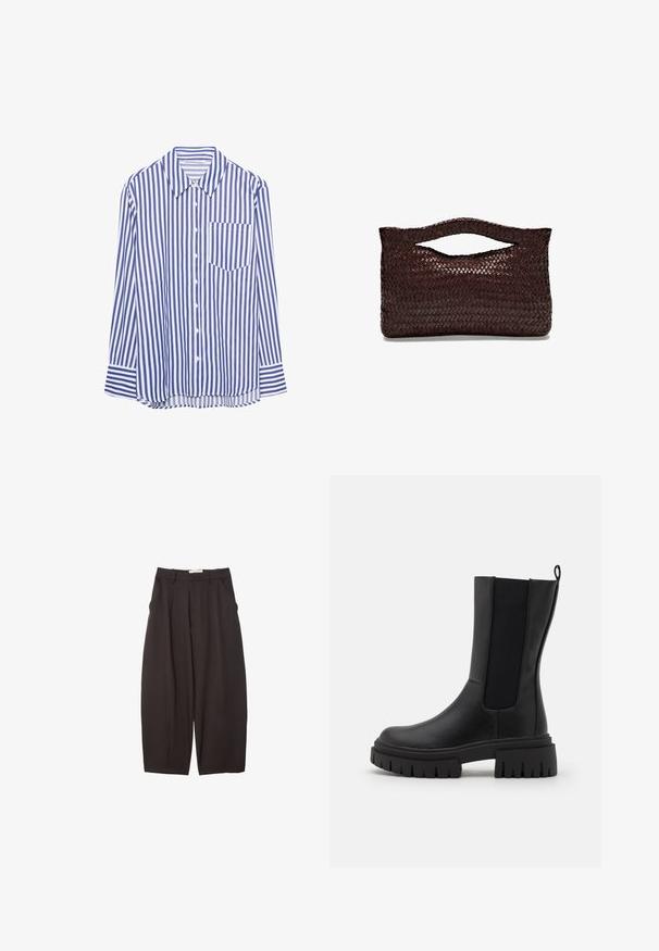 Blue and white vertically striped long-sleeve button-up shirt with a pointed collar and a chest pocket, laid flat on a white background.; Black wide-leg trousers made from a smooth fabric, featuring a high waist, front pleats, and side pockets. Simple design without embellishments.; Black ankle boot made of leather with a textured finish, elastic side panels, and a thick, ridged sole for added grip.; Woven brown leather handbag with a rounded top handle and an open silhouette, featuring a textured surface and sleek, minimalist design.