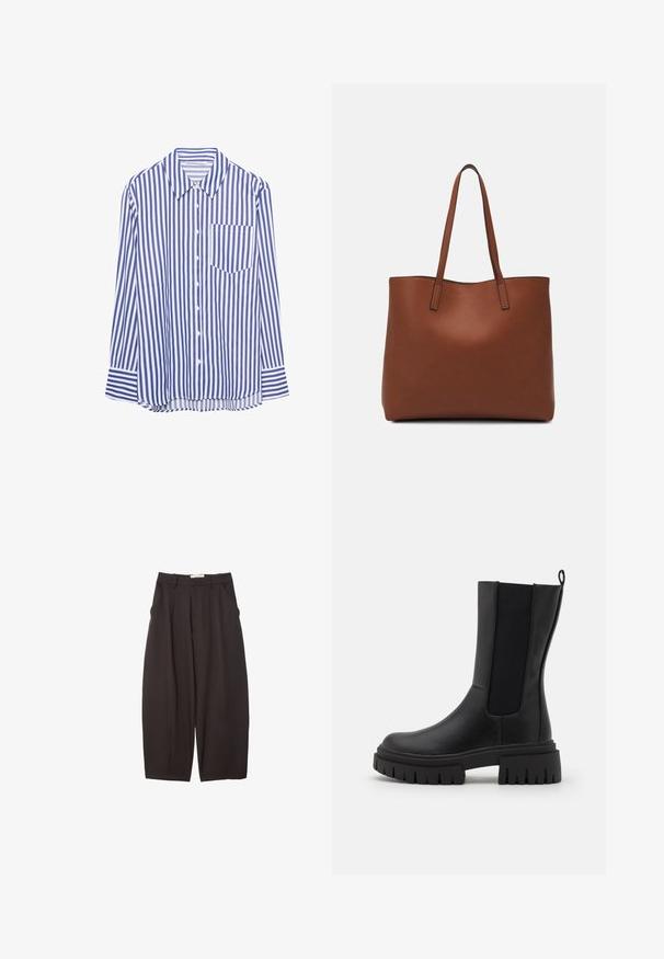 Blå og hvid lodret stribet langærmet skjorte med knaplukning, spids krave og brystlomme, lagt fladt på en hvid baggrund.; Sorte brede bukser lavet af et glat stof, med høj talje, forfaldne folder og sidelommer. Simpelt design uden udsmykninger.; Sort ankelstøvle lavet af læder med en tekstureret overflade, elastiske sidelæg og en tykkere, rillede sål for ekstra greb.; Brun læder tote taske med en glat overflade, åben topdesign og to skulderremme. Har minimal syning og ingen synlig hardware.