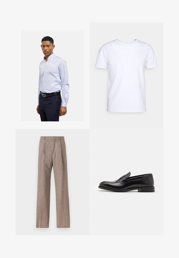 Helles blaues Langarmhemd mit Stehkragen, Knopfverschluss und glatter Textur, kombiniert mit dunklen Hosen und einem schwarzen Gürtel.; Weißes T-Shirt mit kurzen Ärmeln aus Baumwollstoff und rundem Halsausschnitt. Schlichtes Design ohne Muster oder Akzente. Glatte Textur.; Braune, hochtaillierte Hose aus strukturiertem Stoff. Mit weitem Bein und zwei vorderen Bügelfalten für zusätzliche Form. Saubere Verarbeitung ohne sichtbare Hardware.; Schwarze Lederloafers mit glatter Textur, rundem Zehenbereich und einem dekorativen Riemen über dem Vorderfuß. Niedriger, gestapelter Absatz, minimalistisches Design.