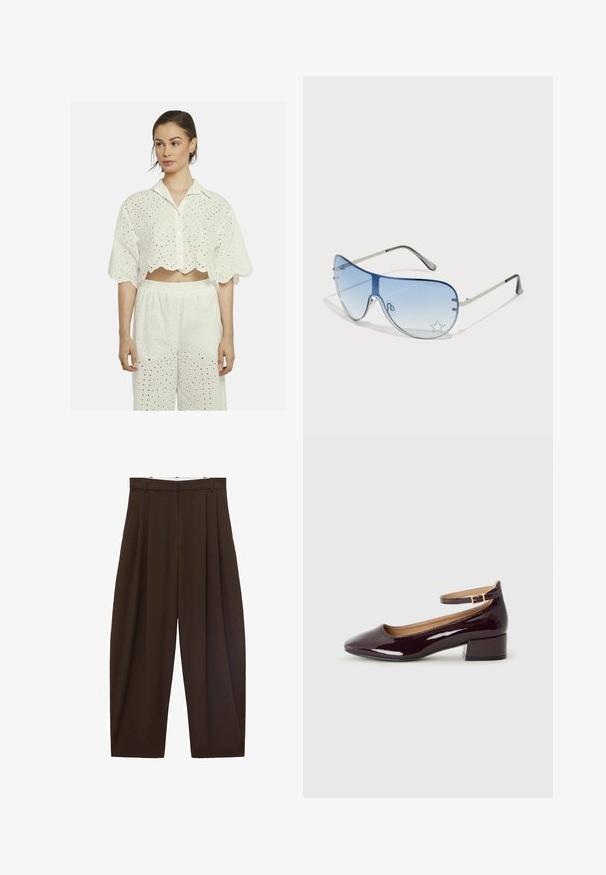 Witte cropped shirt met gegolfde zoom, voorzien van oogjes borduursel en een knoopsluiting aan de voorkant. In combinatie met bijpassende loszittende broek.; Bruine high-waisted broek met plooien, gemaakt van soepel materiaal. Loose fit, rechte pijpen, met riemlussen en een ritsluiting.; Glanzende donkerburgundy hakken met een ronde neus en enkelbandje, tegen een effen achtergrond.; Aviator zonnebril met een gradient blauwe lens, zilveren metalen frame en decoratieve sterrenaccenten op de lens. Glad en strak ontwerp.; Bruine suède totebag met zachte textuur, grote opening en lange hengsels. Het heeft een eenvoudig ontwerp met zichtbare stiksels en geen hardware.