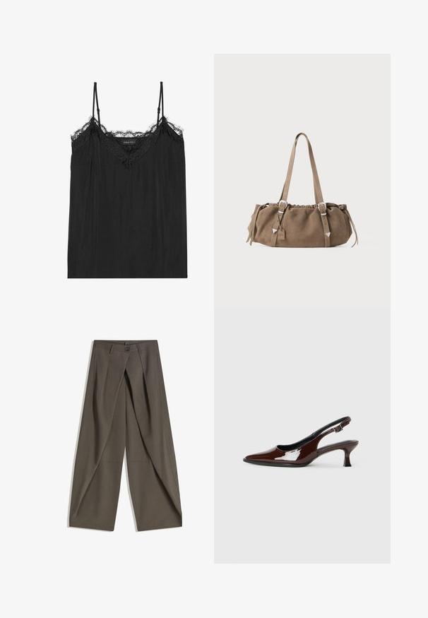 Crna majica bez rukava s podesivim trakama na ramenima, s valovitom čipkastom obrubom duž dekoltea i laganom, mekanom teksturom tkanine.; Hlače širokog kroja izrađene od teksturirane tamnosive tkanine. Imaju prednji plis, kopčanje na gumb i bočne džepove za praktičnost.; Smeđe patentne kožne cipele s otvorenom petom, špicastim vrhom i umjerenom petom. Imaju remen s kopčom za sigurno pristajanje. Glatka tekstura.; Smeđa nubuk torba s nabranim vrhom, srebrnim metalnim detaljima i dva remena za nošenje. Karakterizira je pravokutni oblik i minimalistički dizajn.