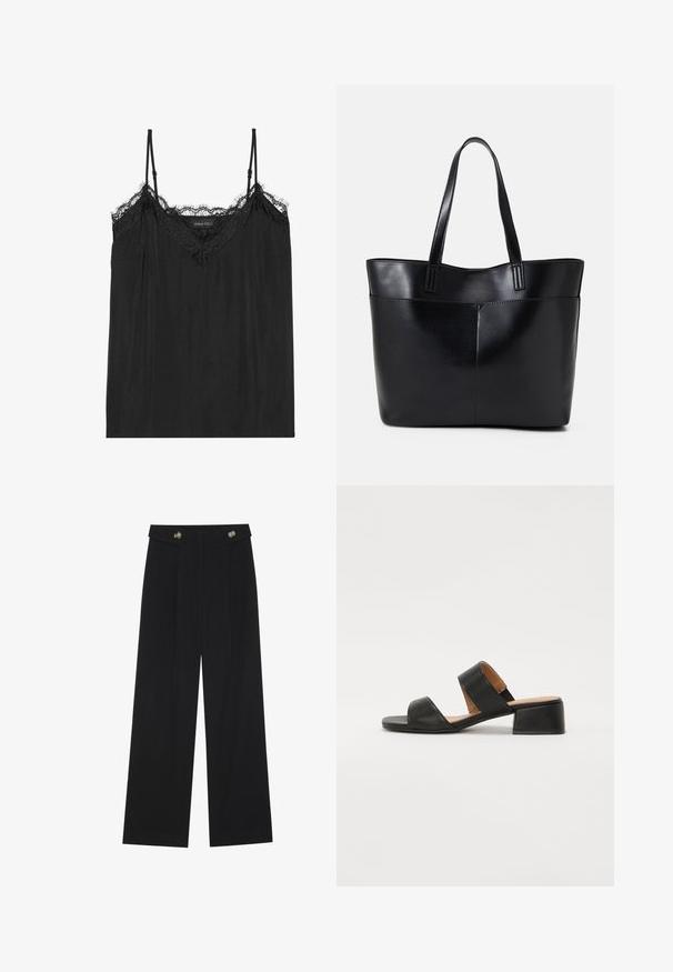 Svart cami med justerbare spaghettistropper, med en bølget blondekant langs utringningen og en flytende, myk tekstur.; Svart vide bukser med høy midje, knappdetaljer på midjebåndet og frontplisser.; Sorte lær sandaler med to brede stropper over foten, firkantet tå og lav blokkhæl. Glatt tekstur og minimalistisk design.; Svart lær toteveske med to lange håndtak, en glatt tekstur og en strukturert form. Har en frontlomme for ekstra oppbevaring.