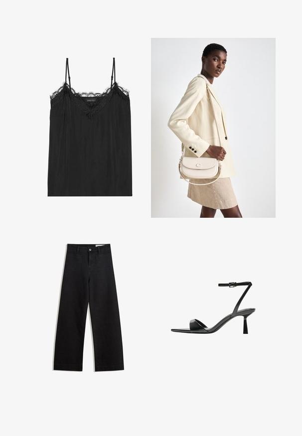 Svart korgtop med justerbara spaghettiband, med en scalloped spetskant längs halslinningen och en flödande, mjuk tygkänsla.; Svarta vida denimbyxor med hög midja, med fram- och bakfickor, sydda sömmar och knappstängning. Slät textur.; Bershka Sandaletter - black; COACH EMMY SADDLE BAG 23 - Handväska - chalk